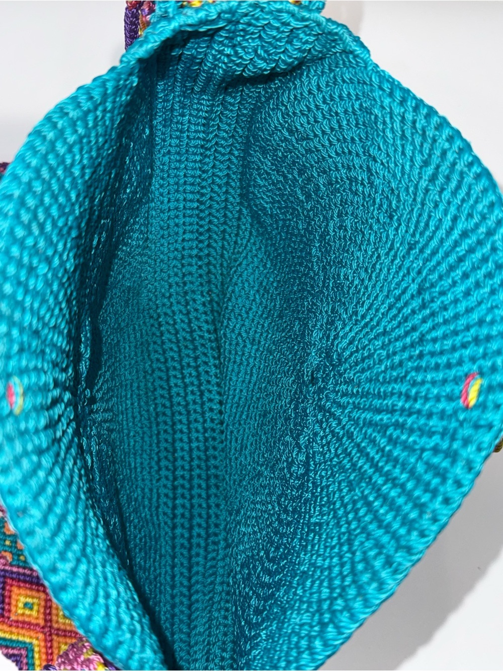 Handmade Rare Wayuu Colombian Mochila bag teal and multi color round - Picture 7 of 11